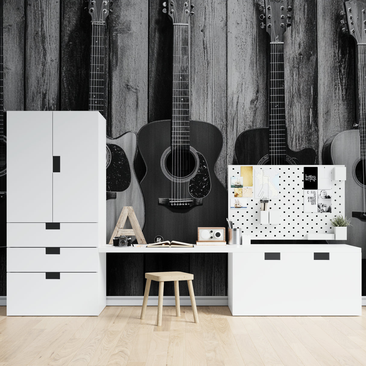 Music wallpaper featuring guitars in dining room, adding artistic black and white charm