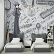 Music themed wallpaper in modern living room showing black and white instrument sketches creating artistic atmosphere