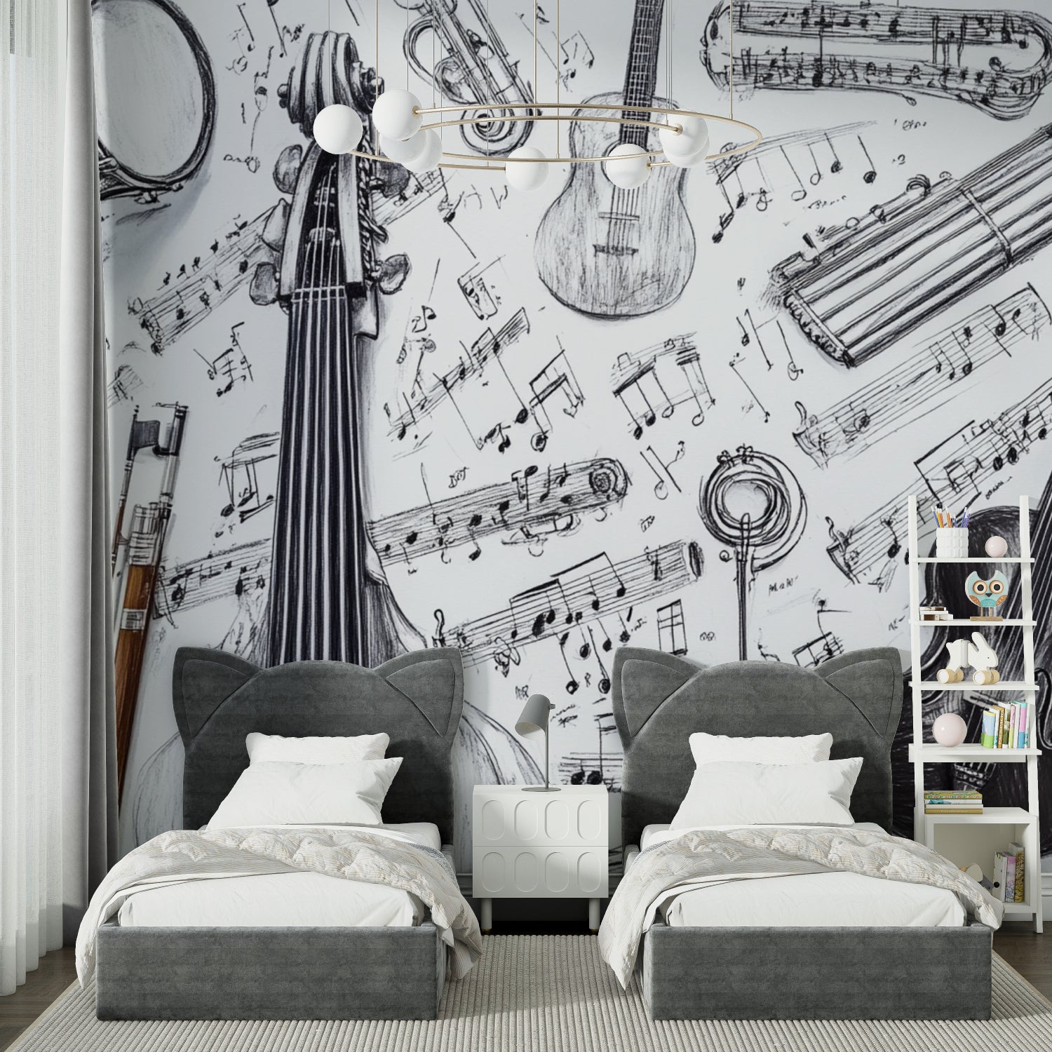 Music themed wallpaper in modern living room showing black and white instrument sketches creating artistic atmosphere