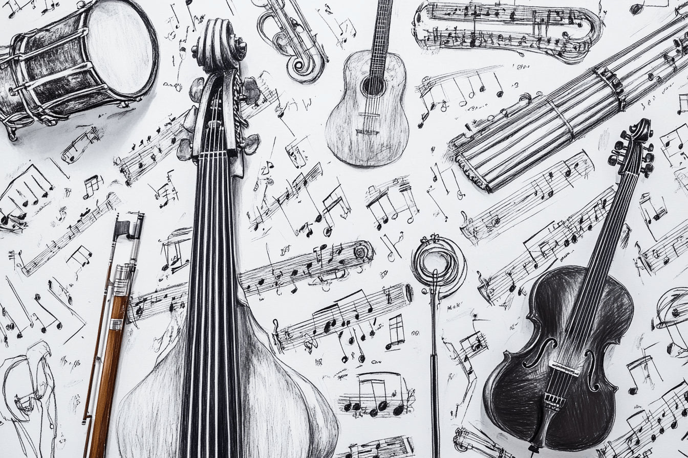 Design file of black and white musical instruments sketch pattern showing intricate details and flowing notes