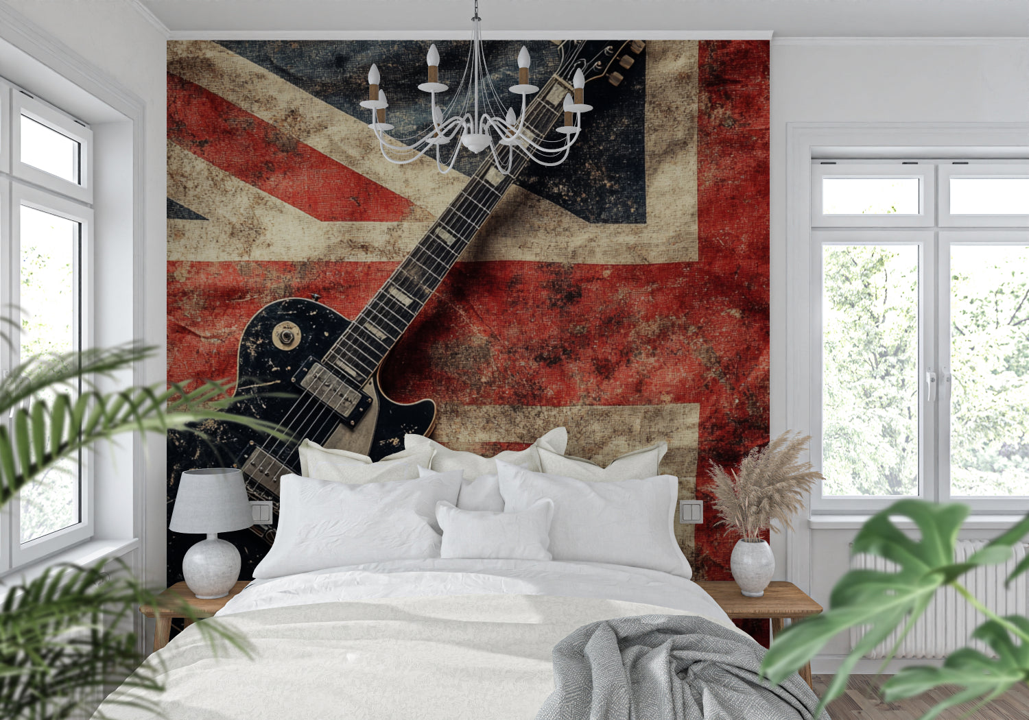 British rock wallpaper featured in man cave entertainment room setup