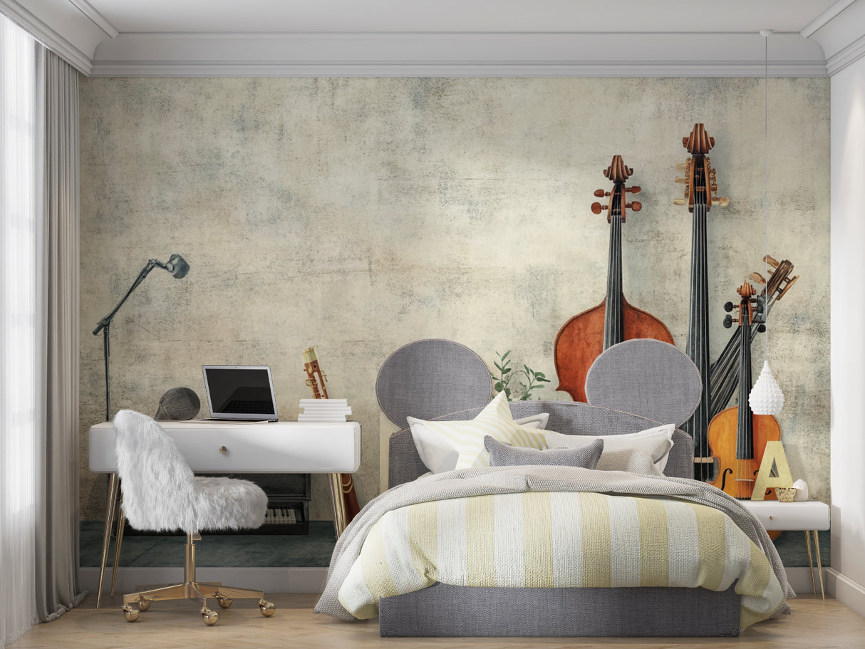 Classical music wall mural creating atmosphere in modern study space