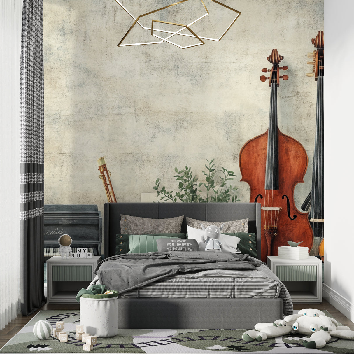 Music room featuring instrument wallpaper with vintage piano design