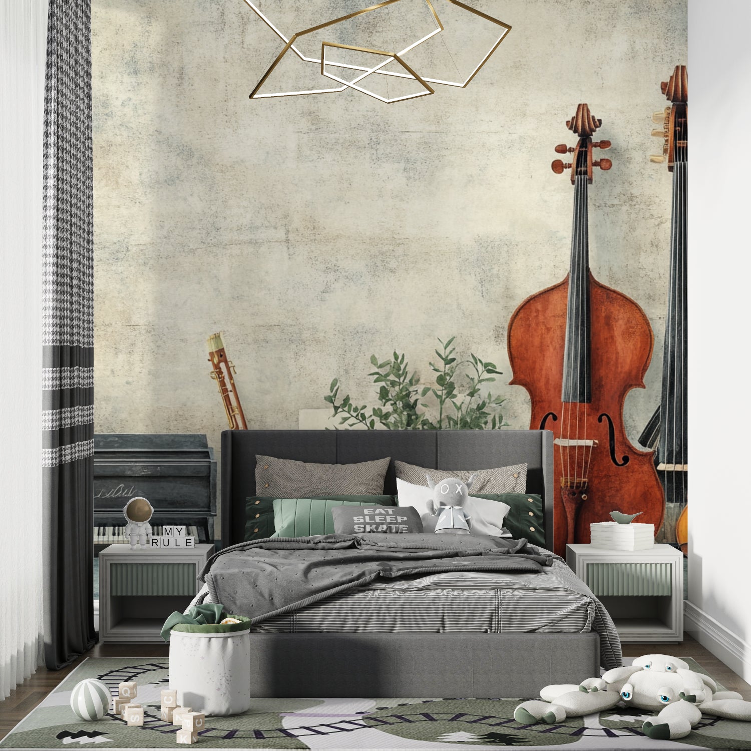 Music room featuring instrument wallpaper with vintage piano design