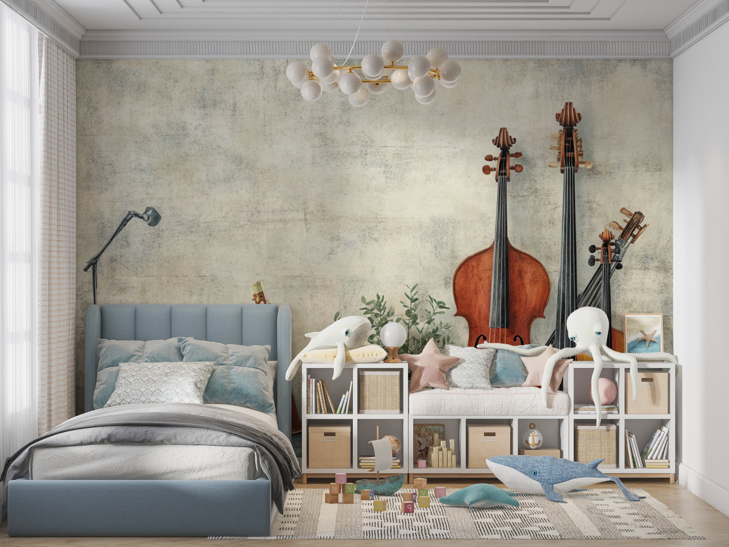 Restaurant wall decorated with musical instruments mural creating sophisticated ambiance
