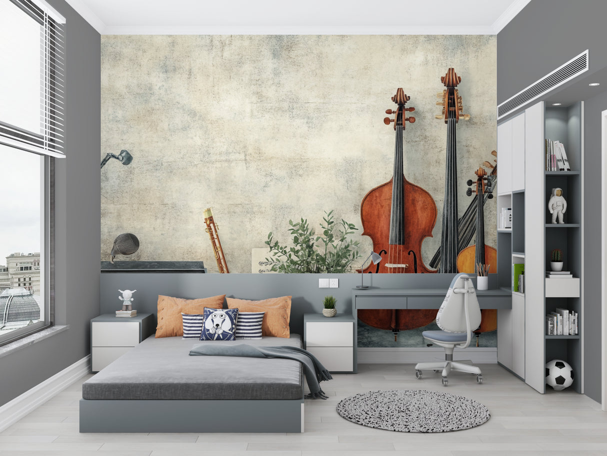 Home office transformed with classical music wallpaper design