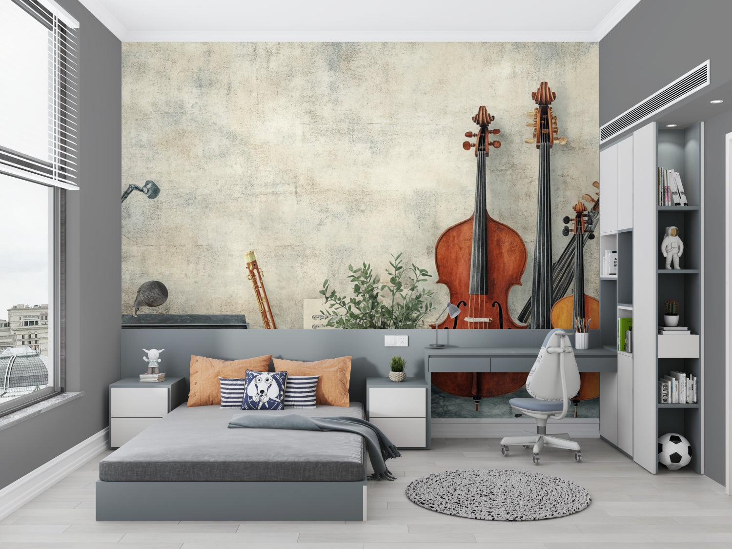 Home office transformed with classical music wallpaper design