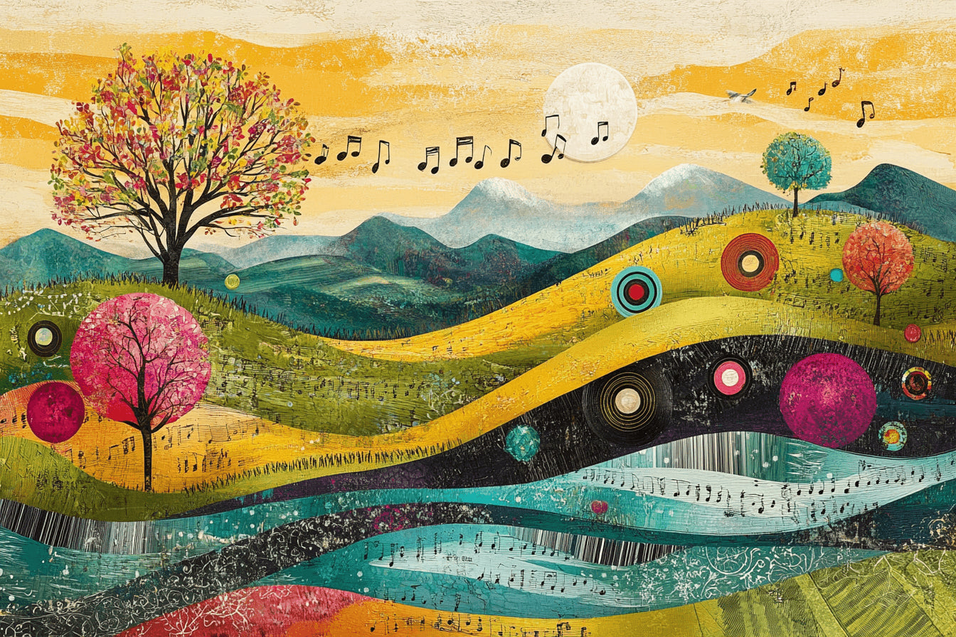 Design file of music landscape wallpaper showing detailed musical notes and mountain pattern