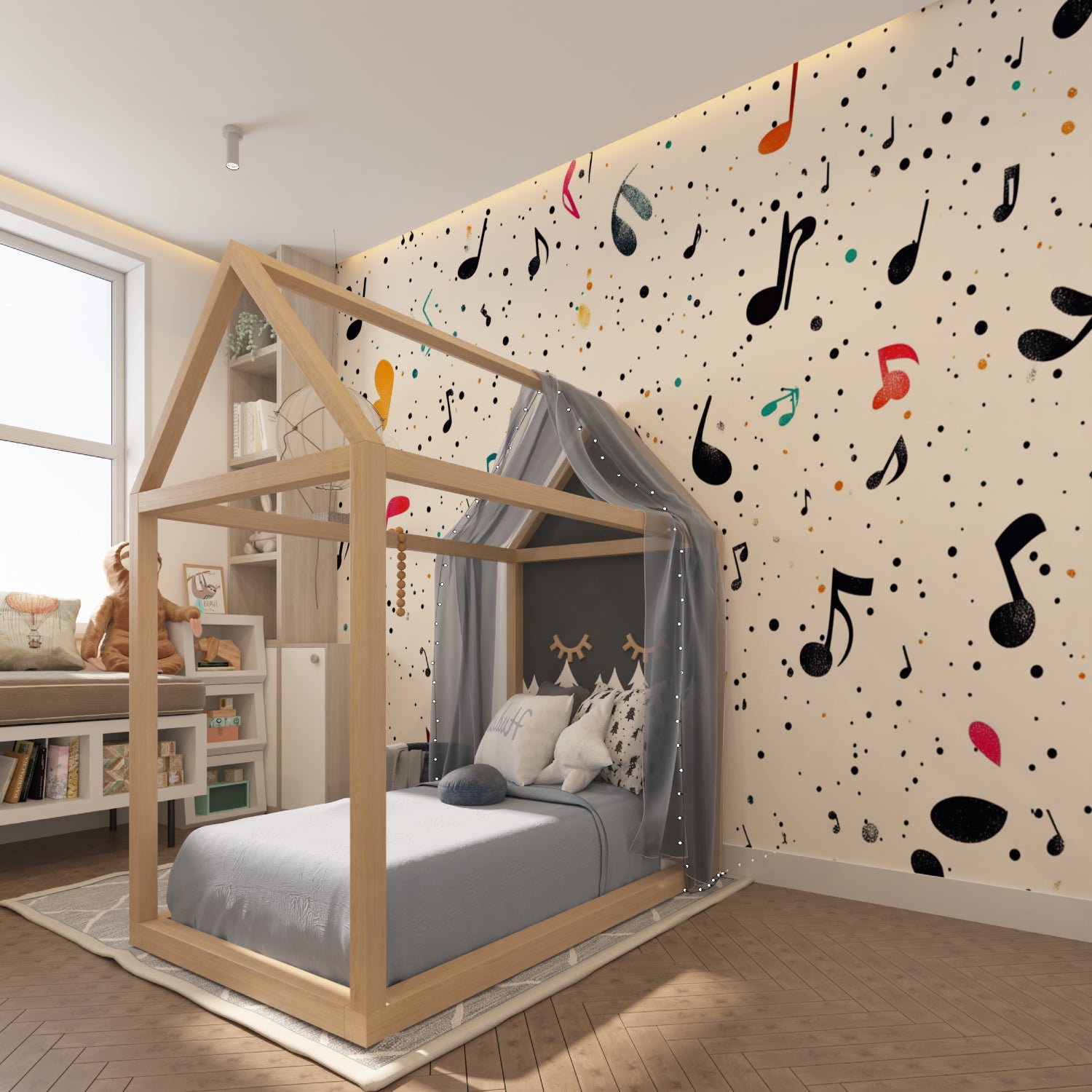 Colorful music pattern wallpaper in a home studio setting with instruments and creative workspace