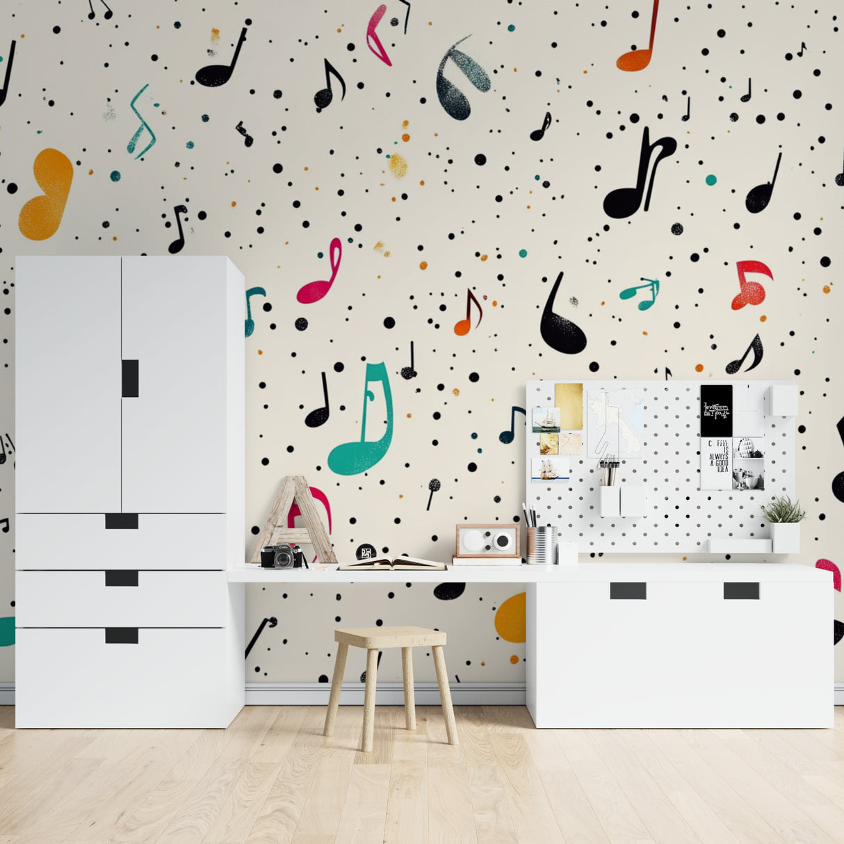 Musical notes wall mural creating energy in a child's bedroom with playful decor