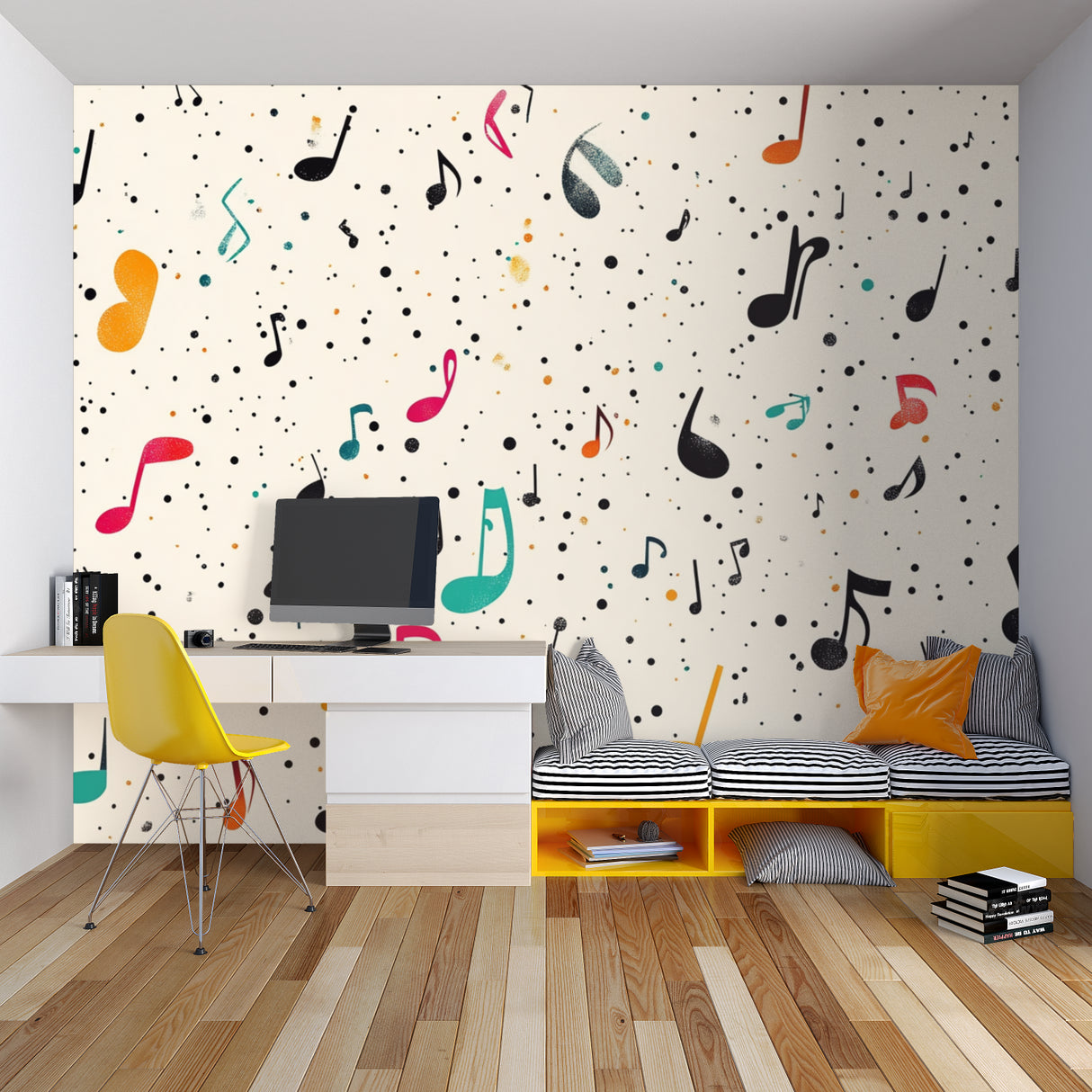 Music themed wallpaper adding character to a teenage room with study area
