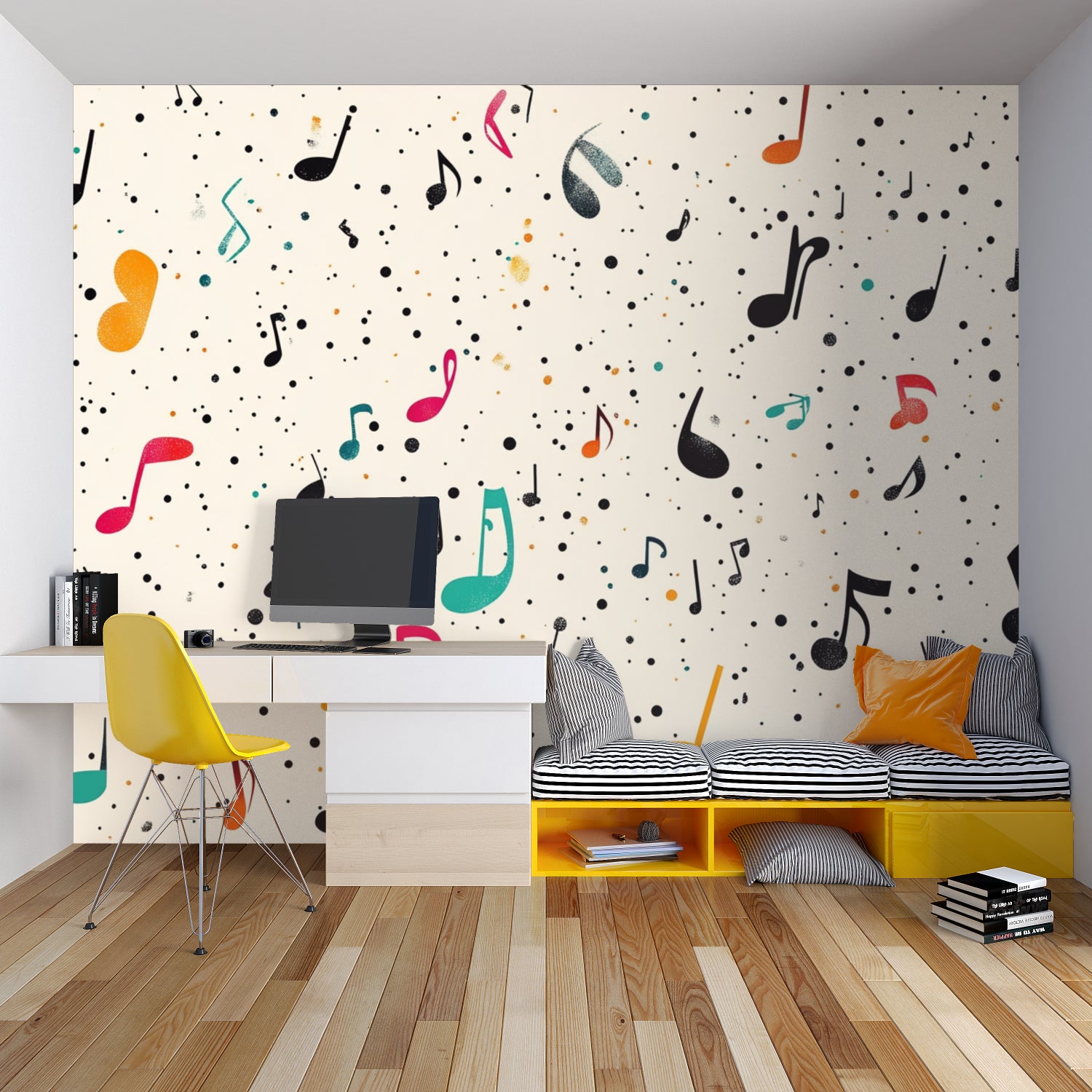 Music themed wallpaper adding character to a teenage room with study area