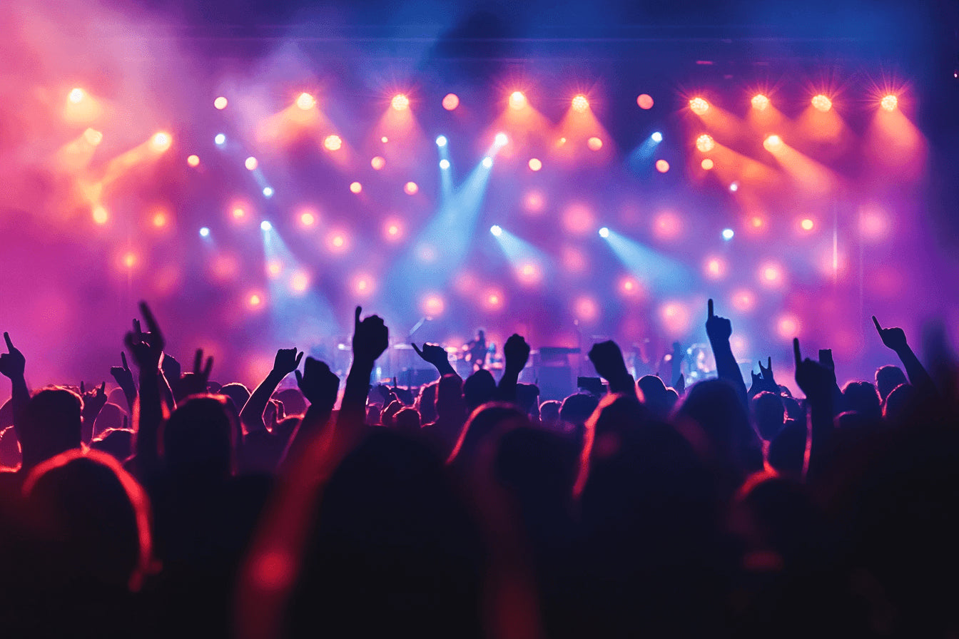 Concert lights and crowd scene design file showing full pattern with vibrant spotlights and silhouettes