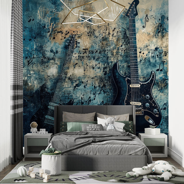 Music wallpaper mural with electric guitar design styled in modern teen bedroom showing urban flair