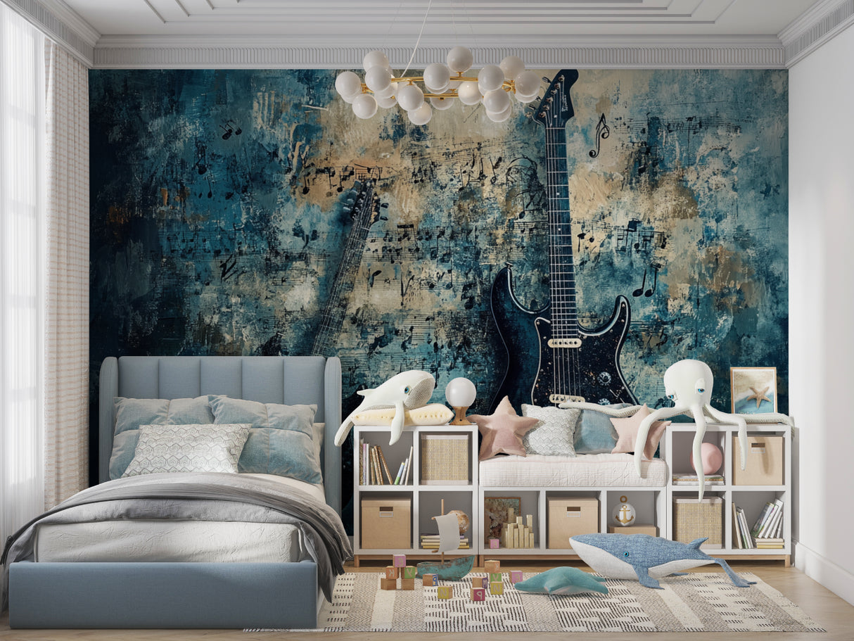 Music note wallpaper installed in trendy coffee shop with guitar theme