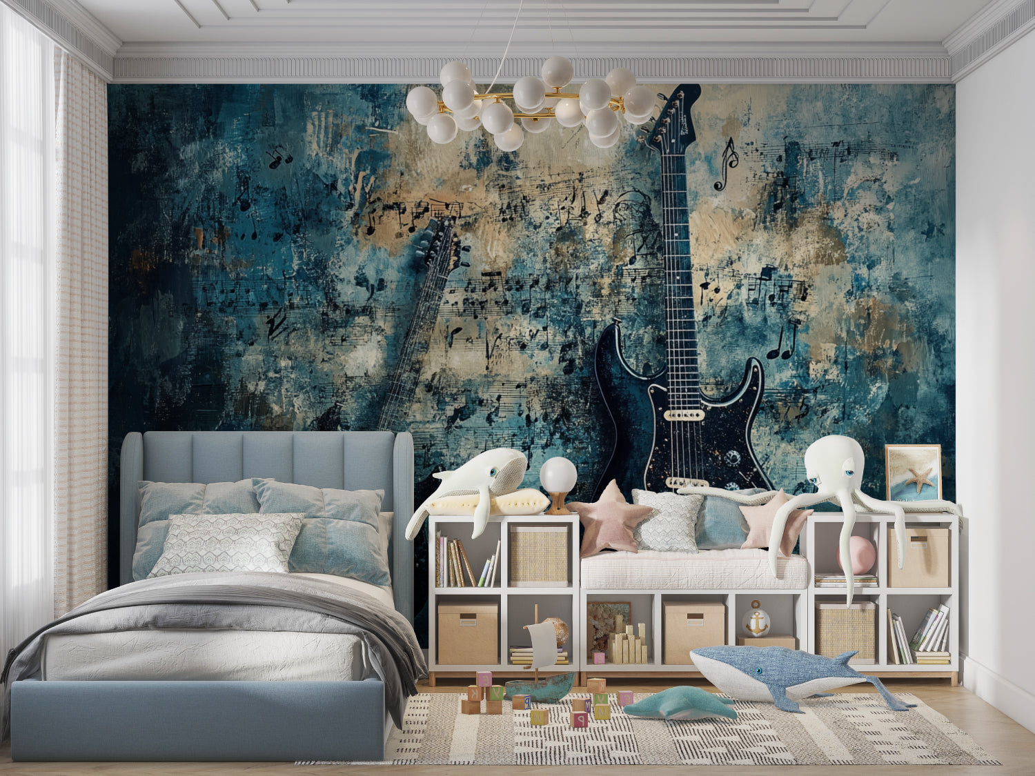 Music note wallpaper installed in trendy coffee shop with guitar theme