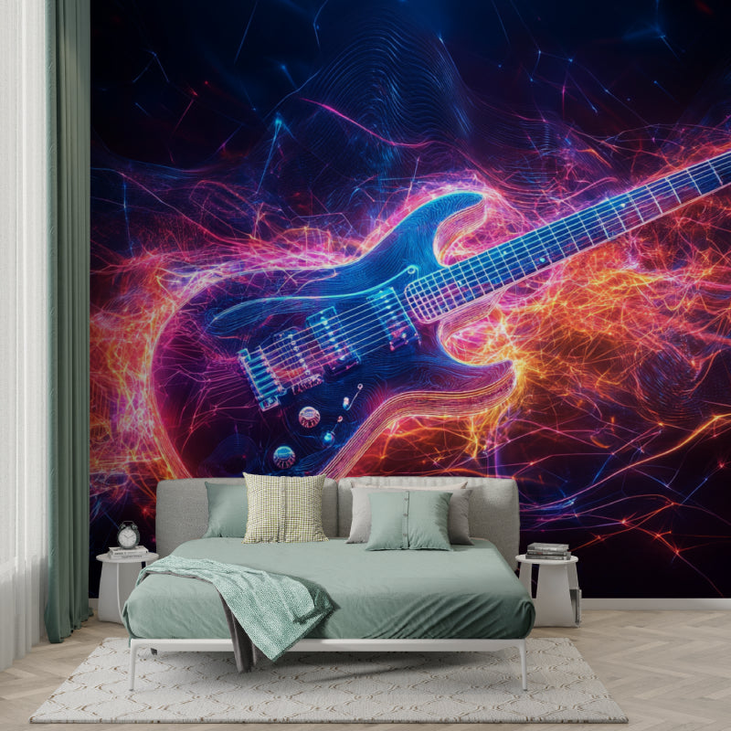 Music wall mural displayed in home studio with guitar collection
