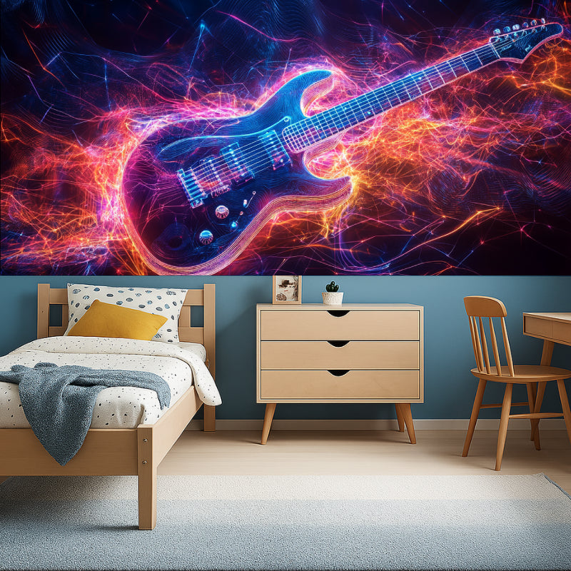 Neon guitar wallpaper creating atmosphere in game room