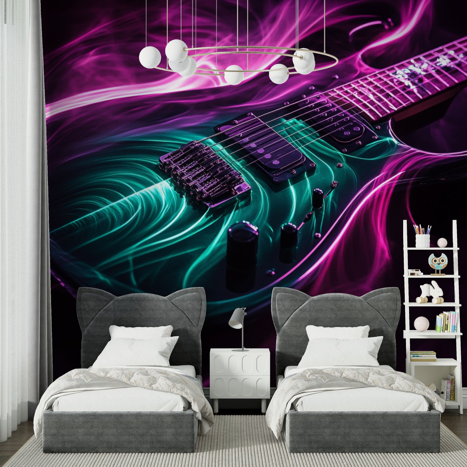 Electric guitar neon wallpaper in modern teen bedroom showing purple and turquoise glow effects