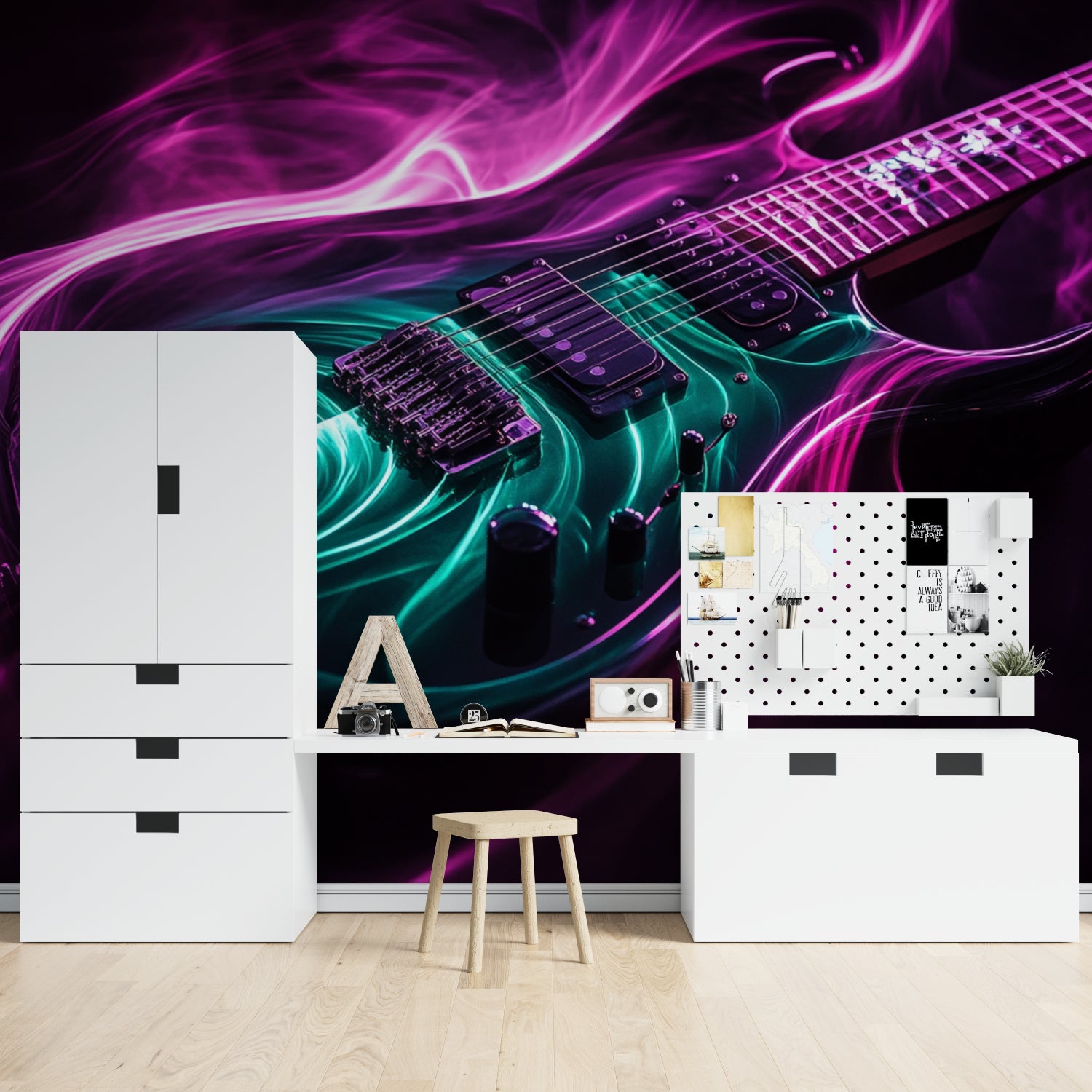 Neon guitar wallpaper displayed in gaming room with LED accent lights