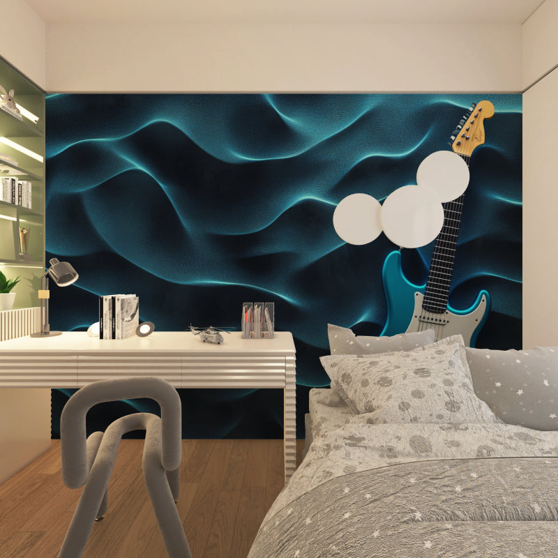 Music wall mural transforming a home recording studio with bold guitar design