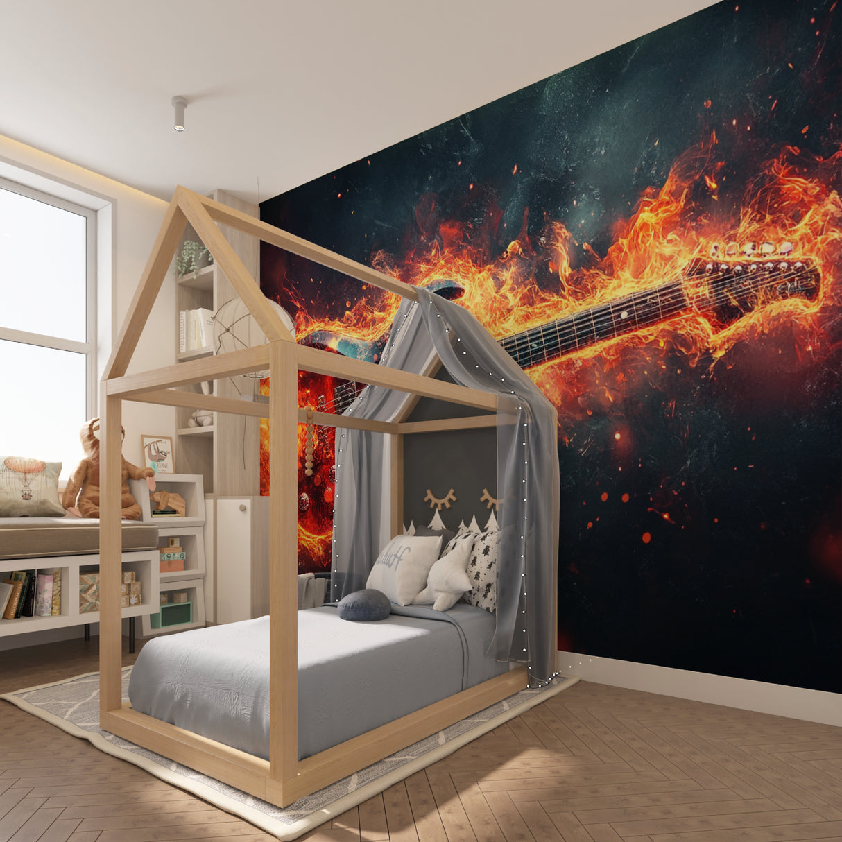 Music themed wallpaper with electric guitar in home recording studio setting
