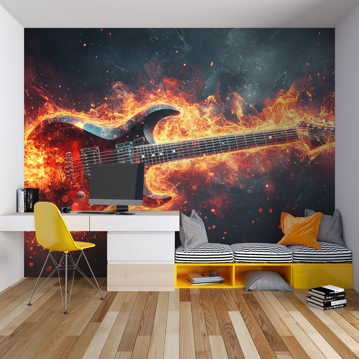 Guitar wall mural bringing energy to a basement band practice room