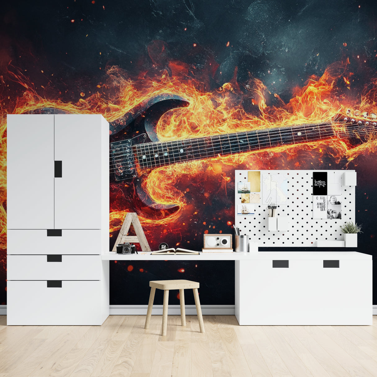 Flaming guitar wallpaper creating focal point in music teacher's studio
