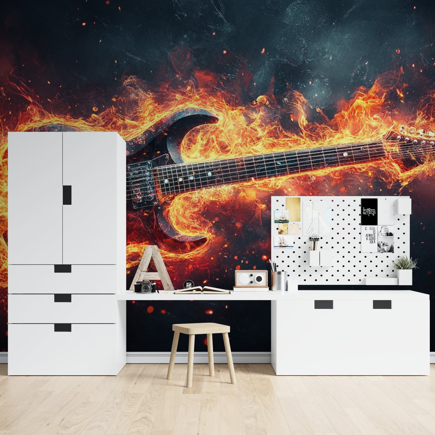 Flaming guitar wallpaper creating focal point in music teacher's studio