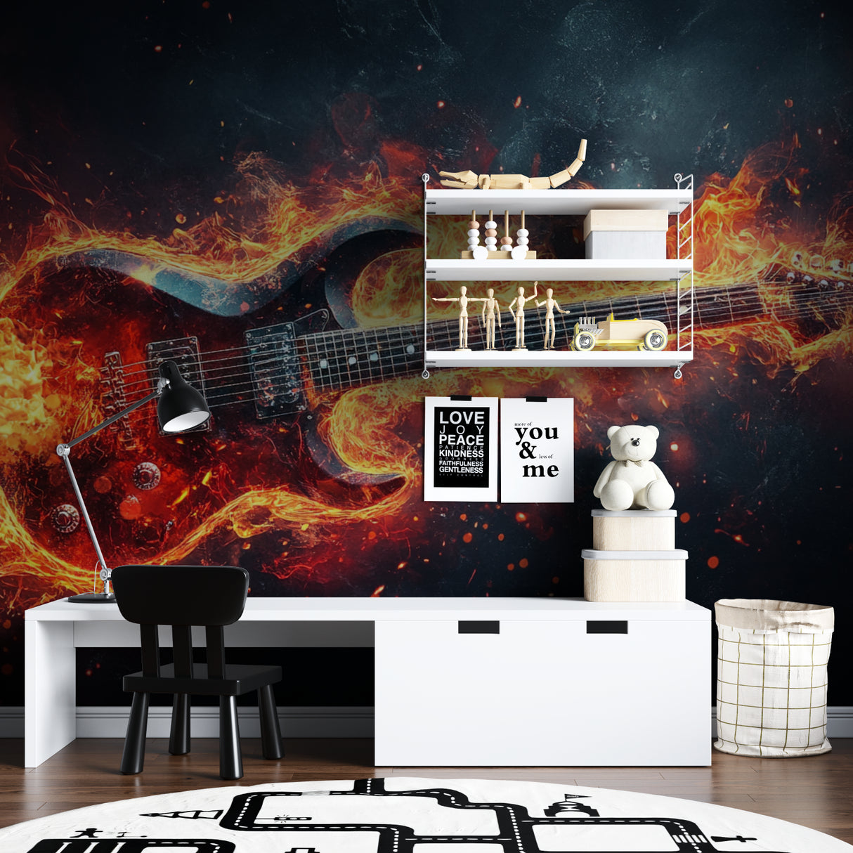 Electric guitar mural adding character to teen gaming room setup