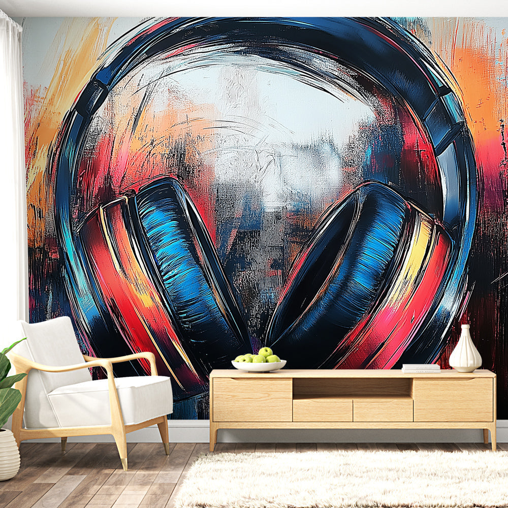 Modern Music Wallpaper with headphones design shown in a trendy living room with mood lighting and sound equipment