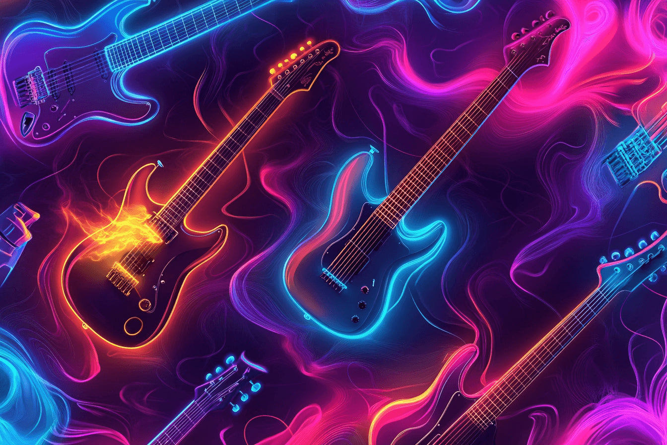 Music wallpaper design file showing detailed neon guitar pattern and vibrant color effects