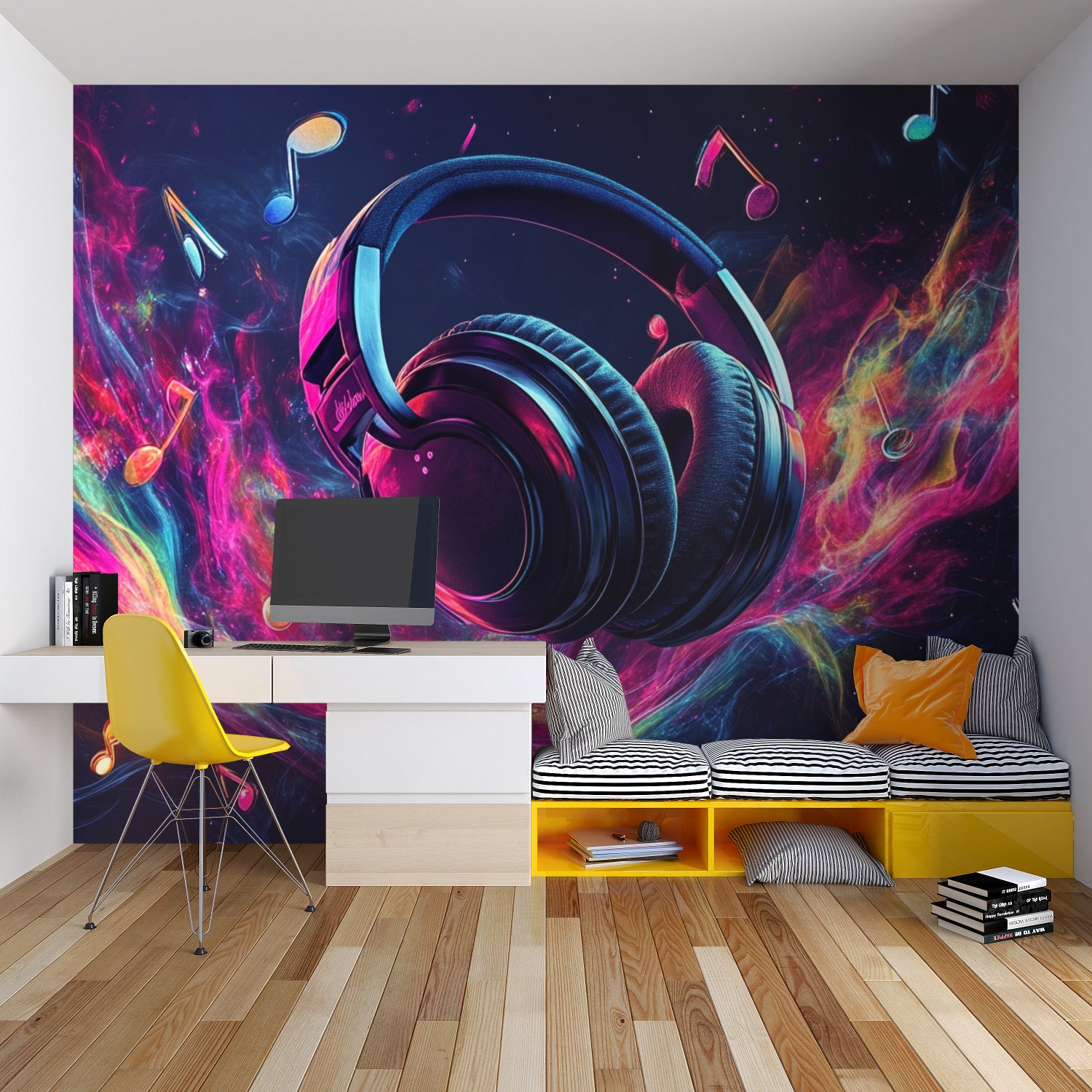 Music themed mural transforming basement entertainment room