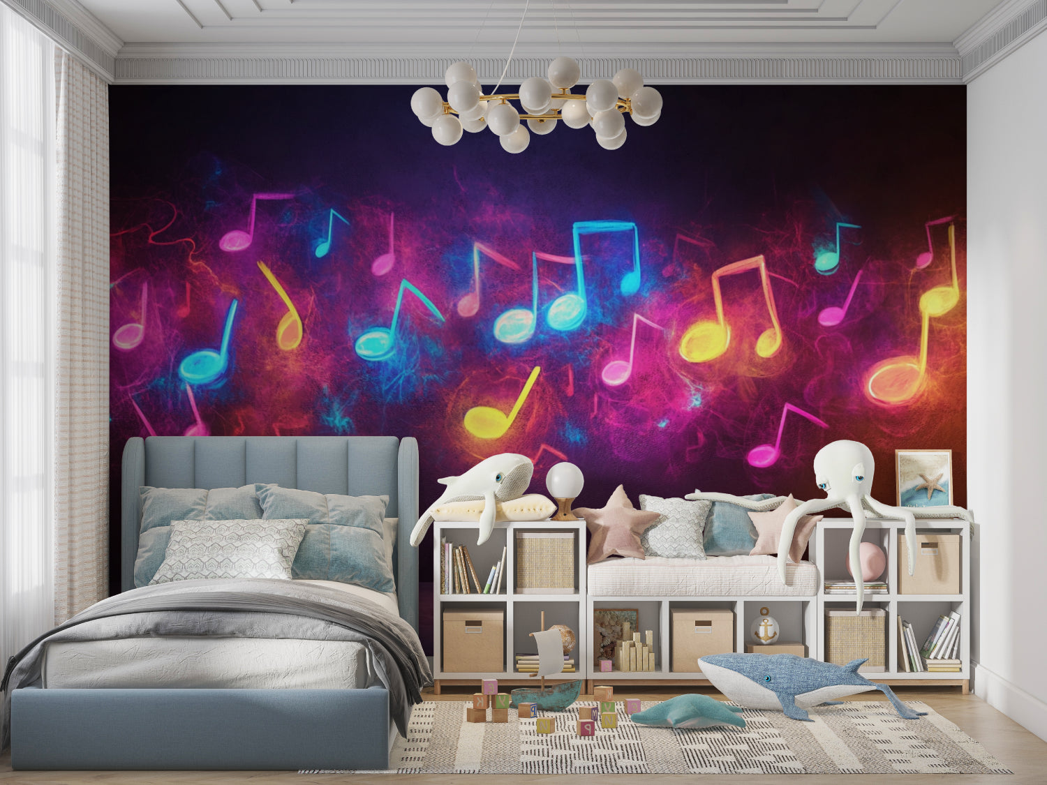 Neon music wallpaper transforming a gaming room with purple galaxy theme