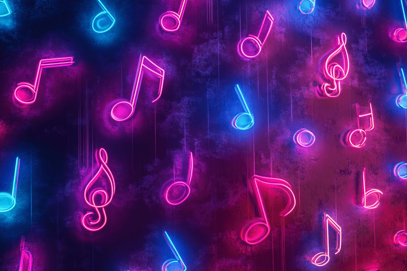 Music note design file showing detailed neon elements on purple galaxy background