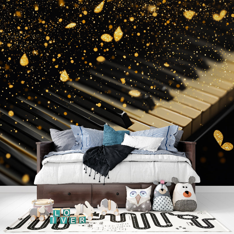 Black and gold piano wallpaper creating dramatic effect in dining room with evening lighting