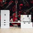 Red electric guitar Music Mural Wallpaper creating drama in modern living room with black furniture