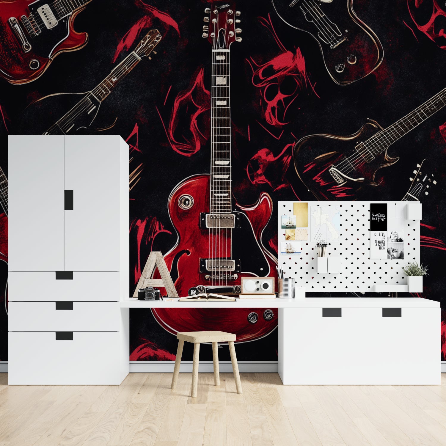 Red electric guitar Music Mural Wallpaper creating drama in modern living room with black furniture
