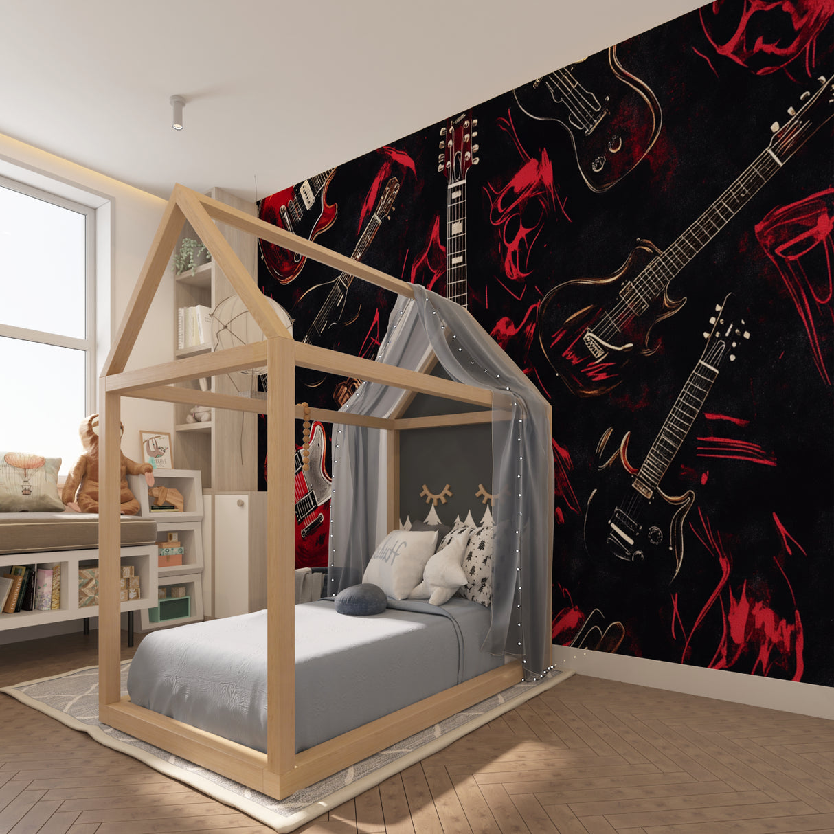 Music themed wallpaper with red guitars displayed in teen bedroom setting