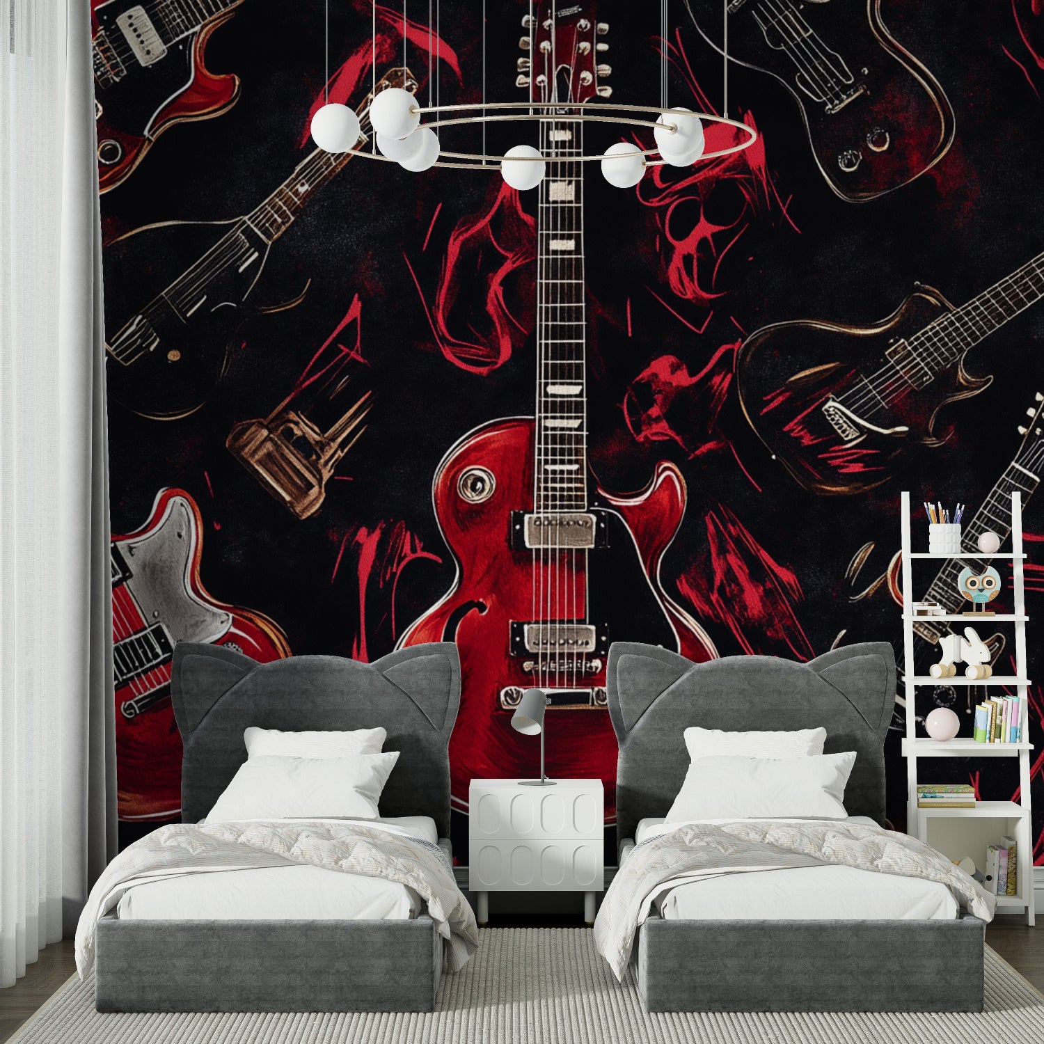 Guitar wall mural transforming home music studio with bold red design