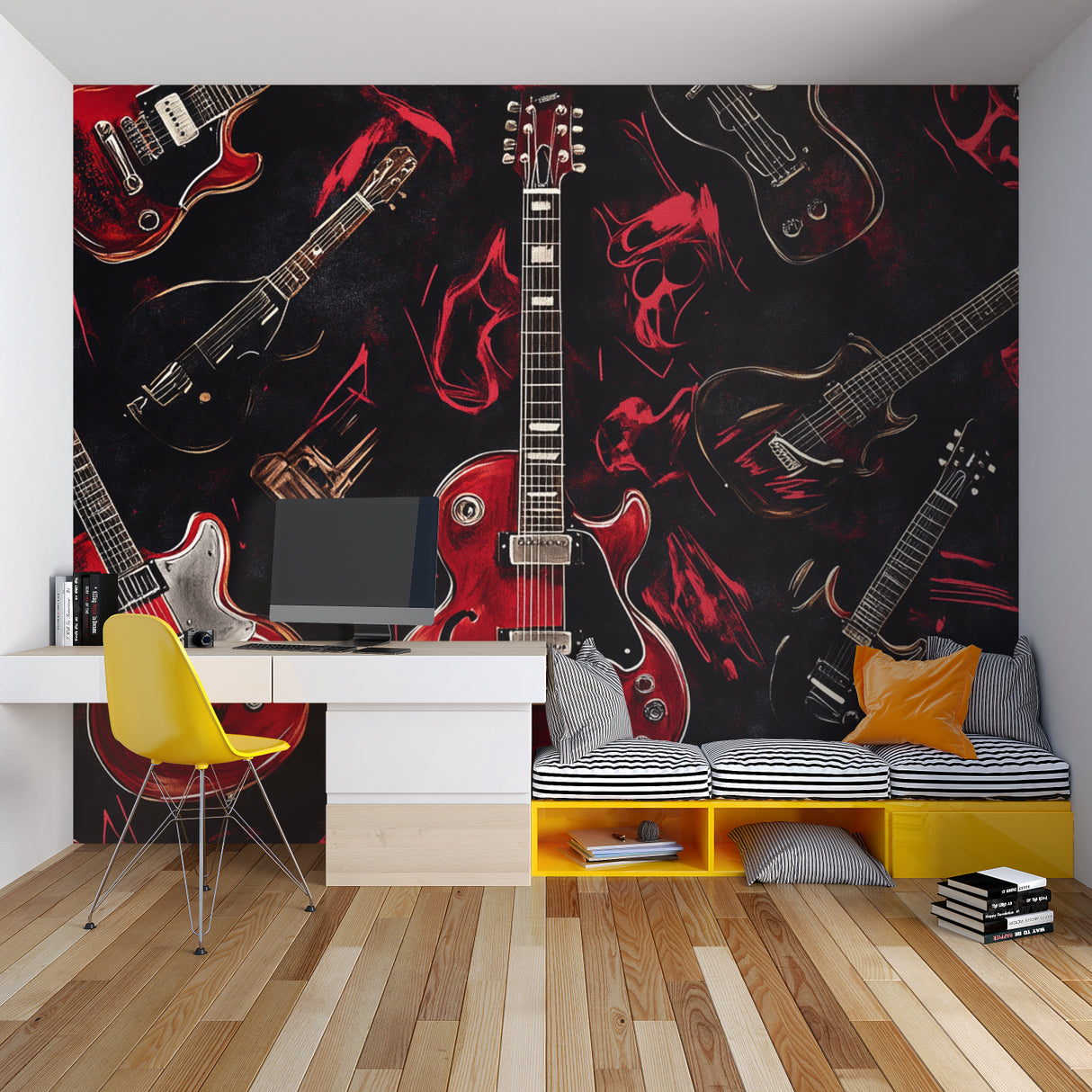 Rock and roll wallpaper featuring red guitars in entertainment room setup