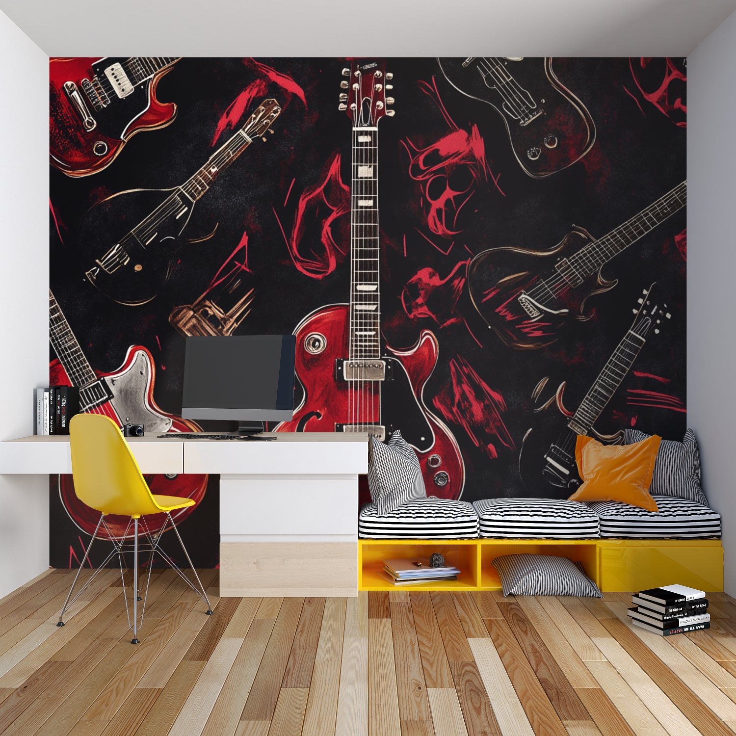 Rock and roll wallpaper featuring red guitars in entertainment room setup