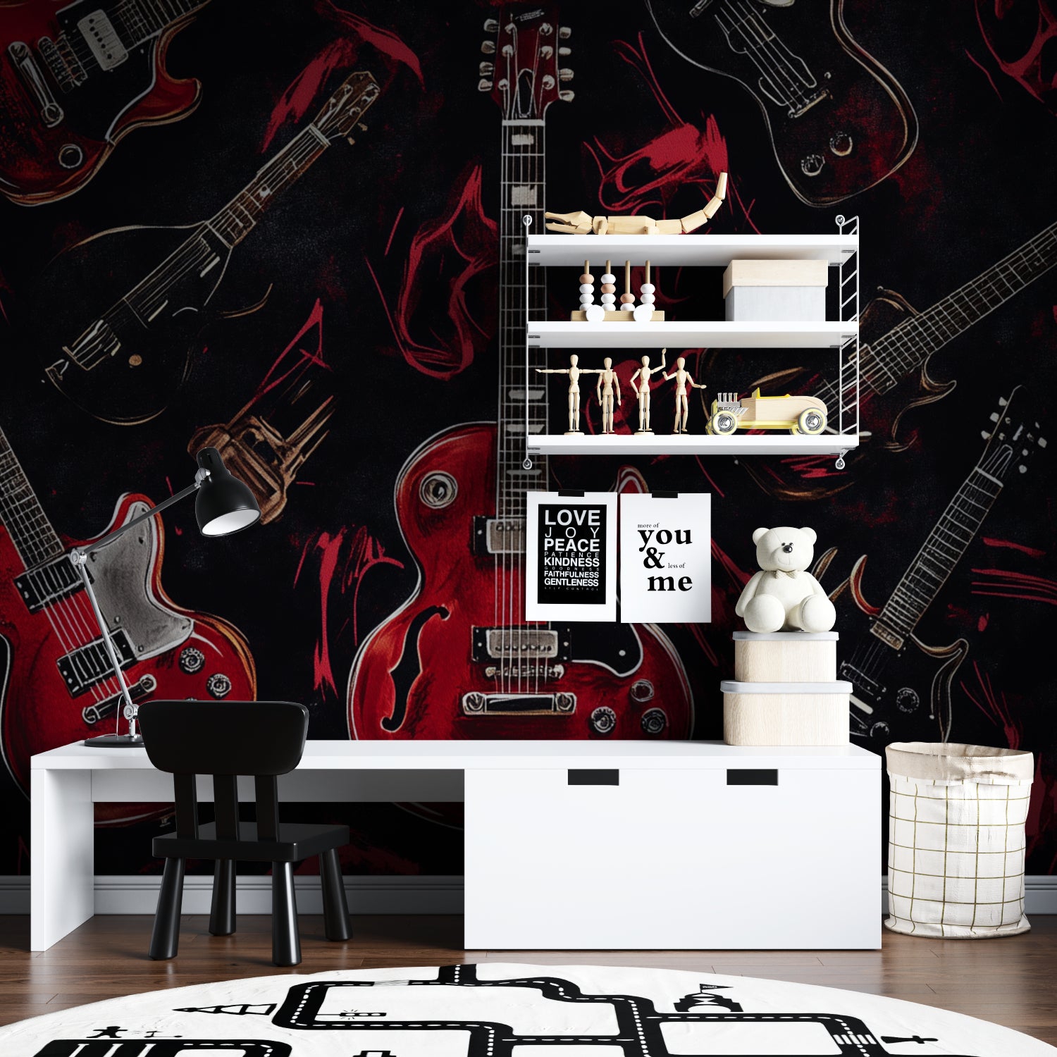 Electric guitar mural wallpaper making statement in modern game room