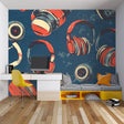 Music wallpaper with retro headphones pattern styled in modern living room with grey sofa and plants