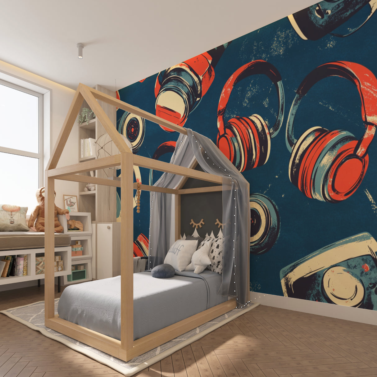 Vintage headphone wallpaper bringing style to teen bedroom with urban decor