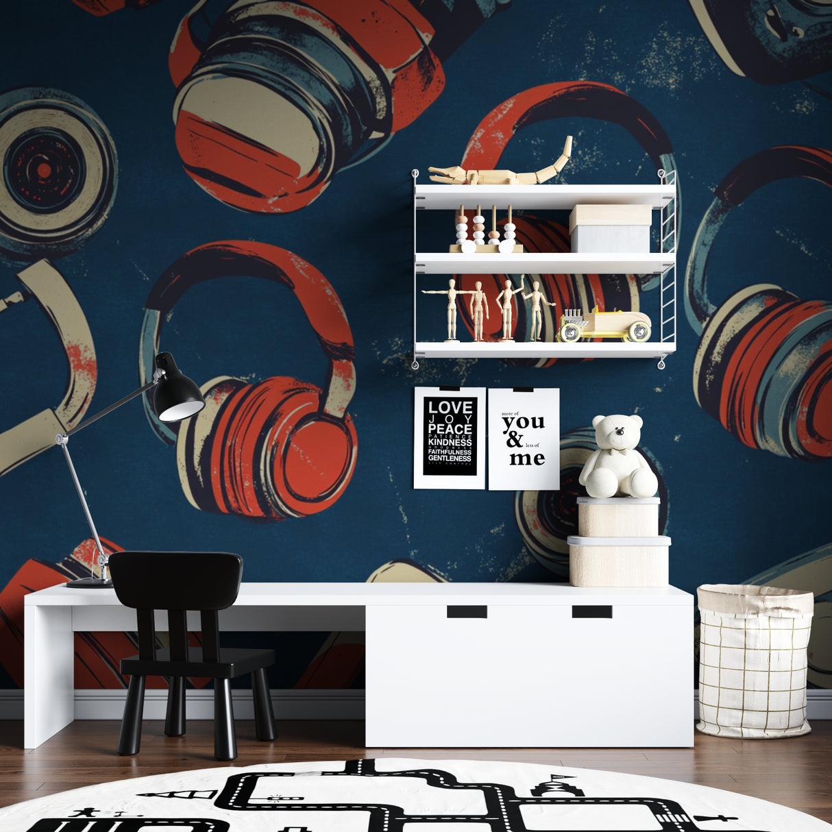 Music studio wall featuring retro headphones mural with recording equipment