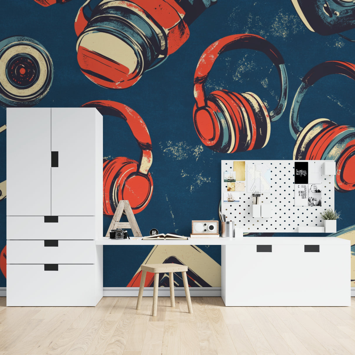 Modern office space with navy and coral headphones wallpaper design