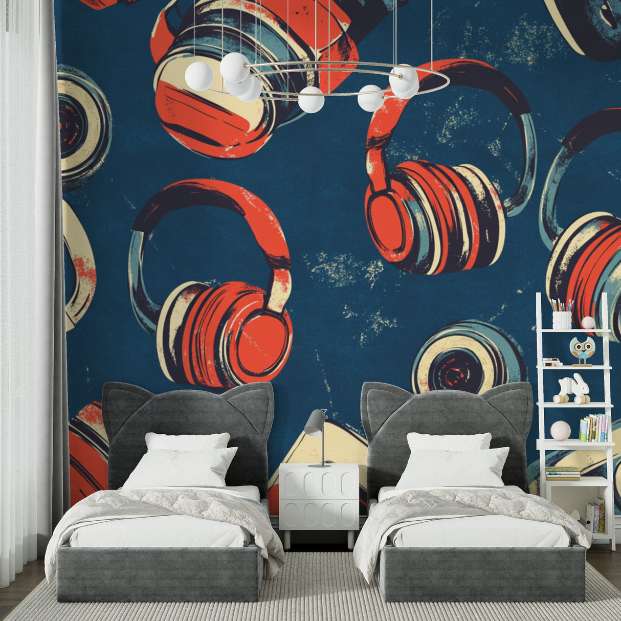 Home music room decorated with vintage headphones pattern wall mural