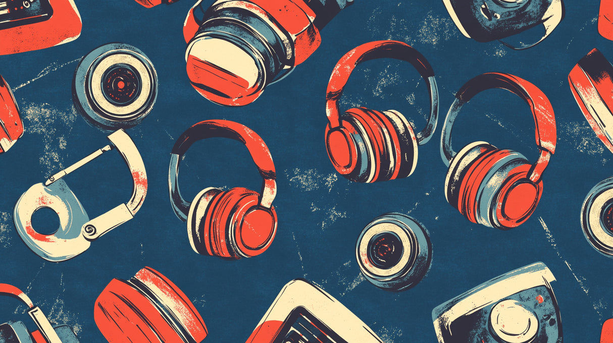 Retro headphones wallpaper design file showing detailed pattern and rich navy background