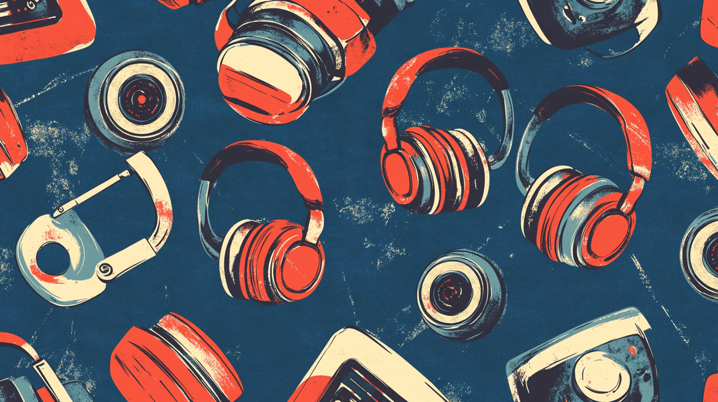 Retro headphones wallpaper design file showing detailed pattern and rich navy background